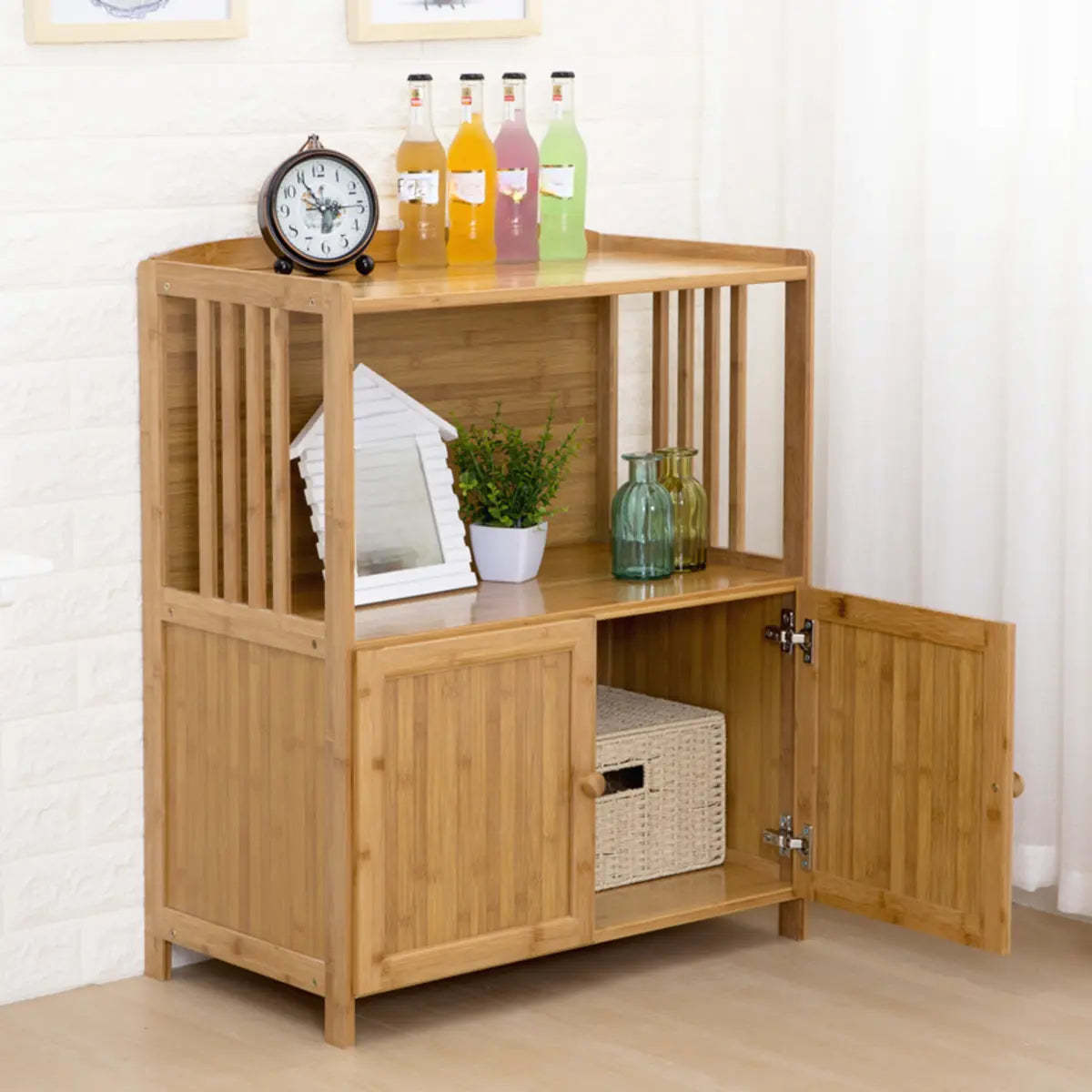 Narrow Bamboo Open Buffet with Shelves and Hutch
