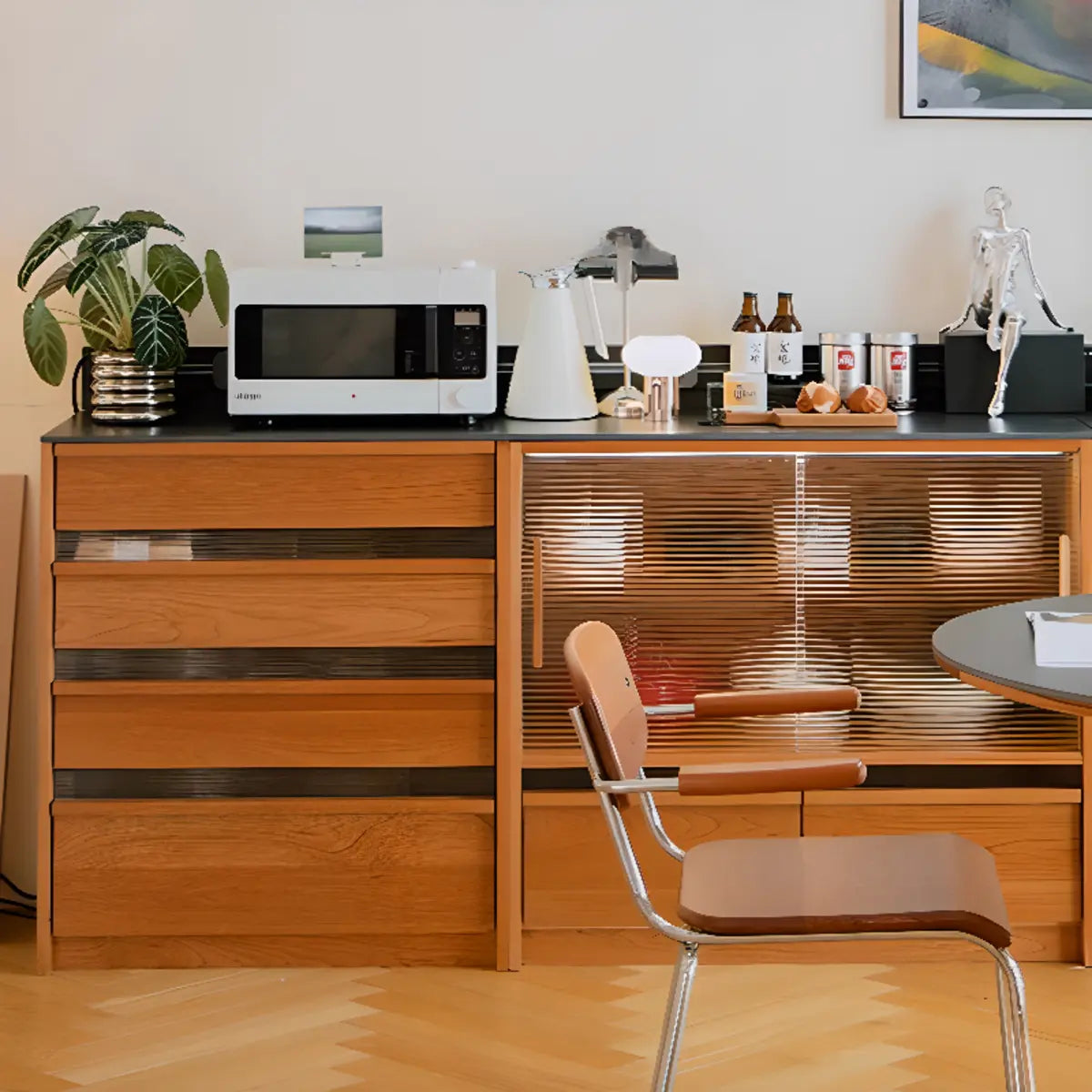 Narrow Natural Oak Buffet with Drawers — Natural Finish