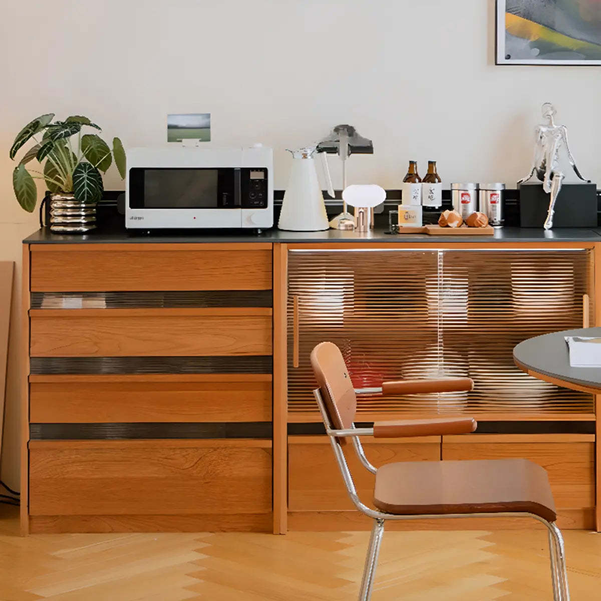 Narrow Natural Oak Buffet with Drawers — Natural Finish
