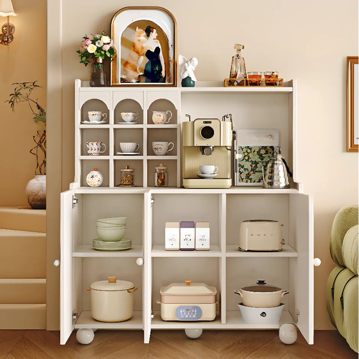 Narrow White Tall Open Sideboard with Shelves — Black / Drawer Not Included