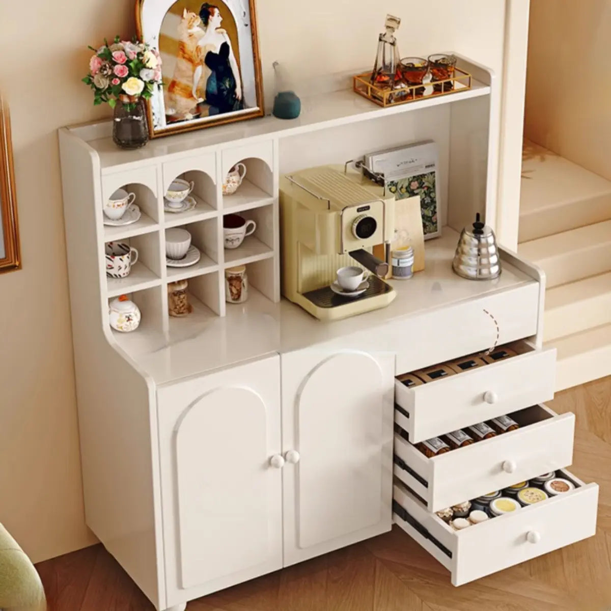 Narrow White Tall Open Sideboard with Shelves — White / Drawer Not Included