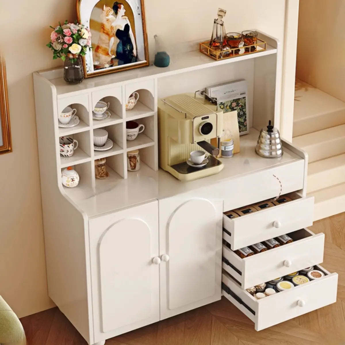 Narrow White Tall Open Sideboard with Shelves — White / Drawer Not Included