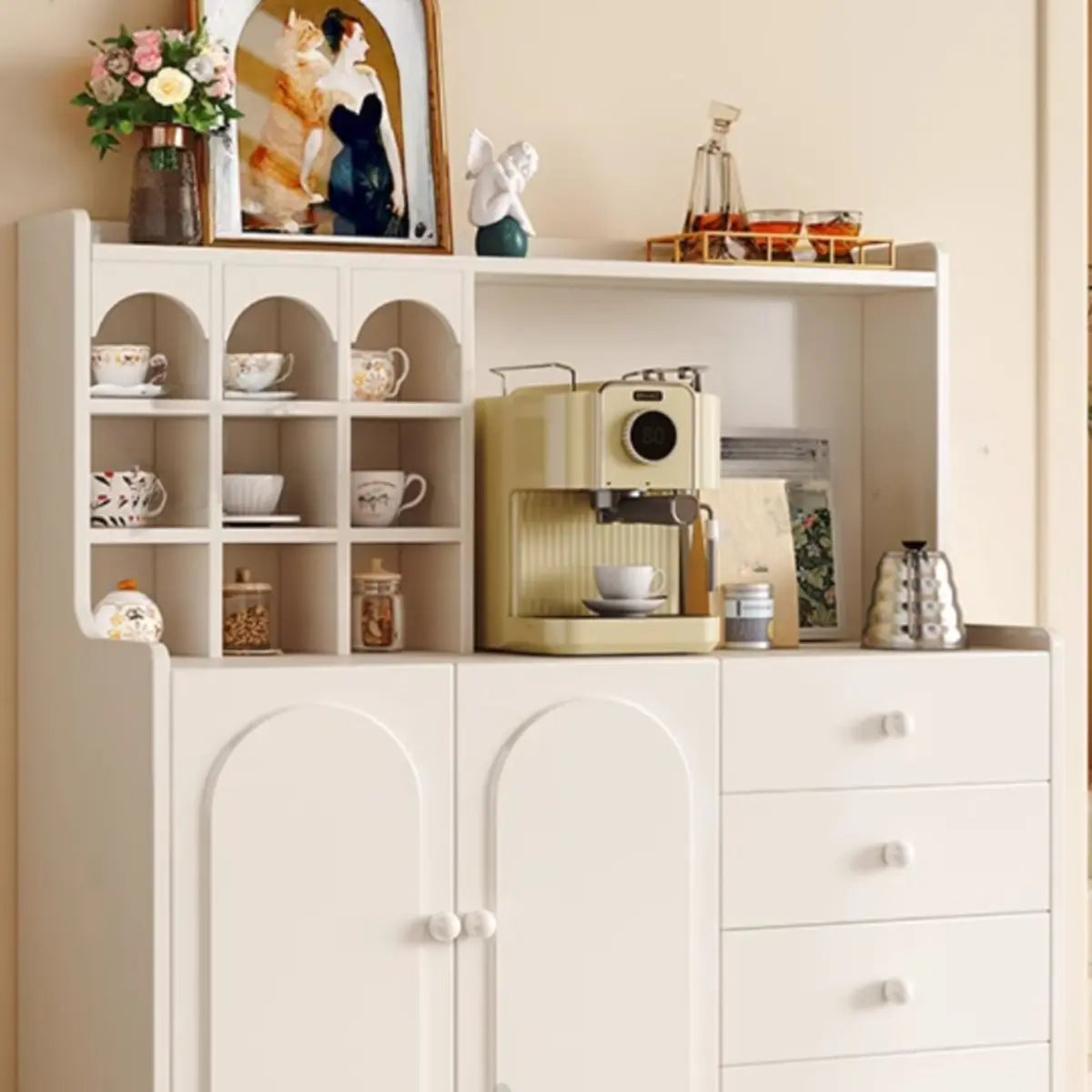 Narrow White Tall Open Sideboard with Shelves