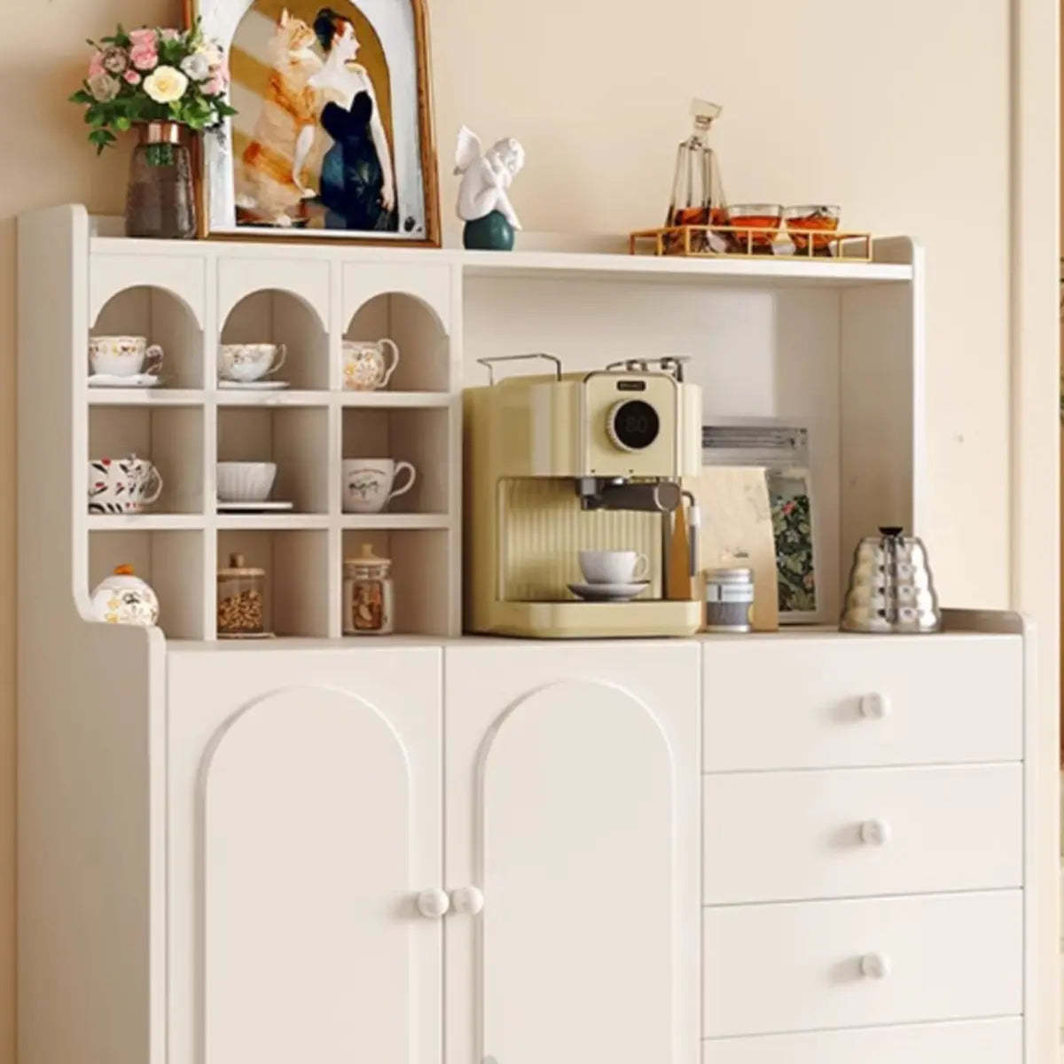 Narrow White Tall Open Sideboard with Shelves