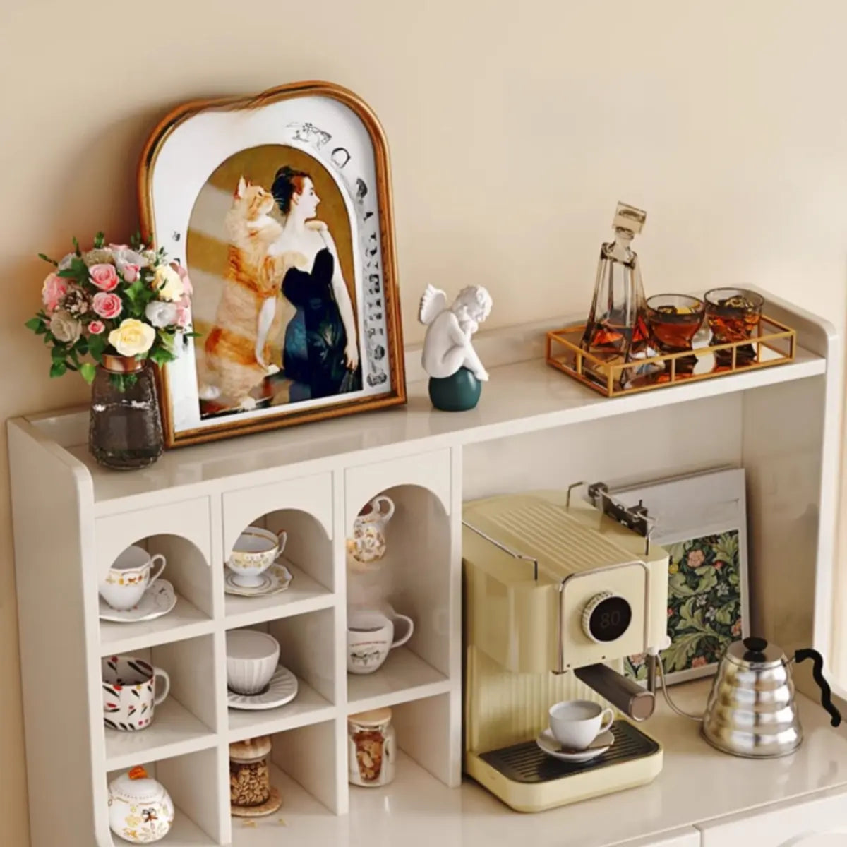 Narrow White Tall Open Sideboard with Shelves