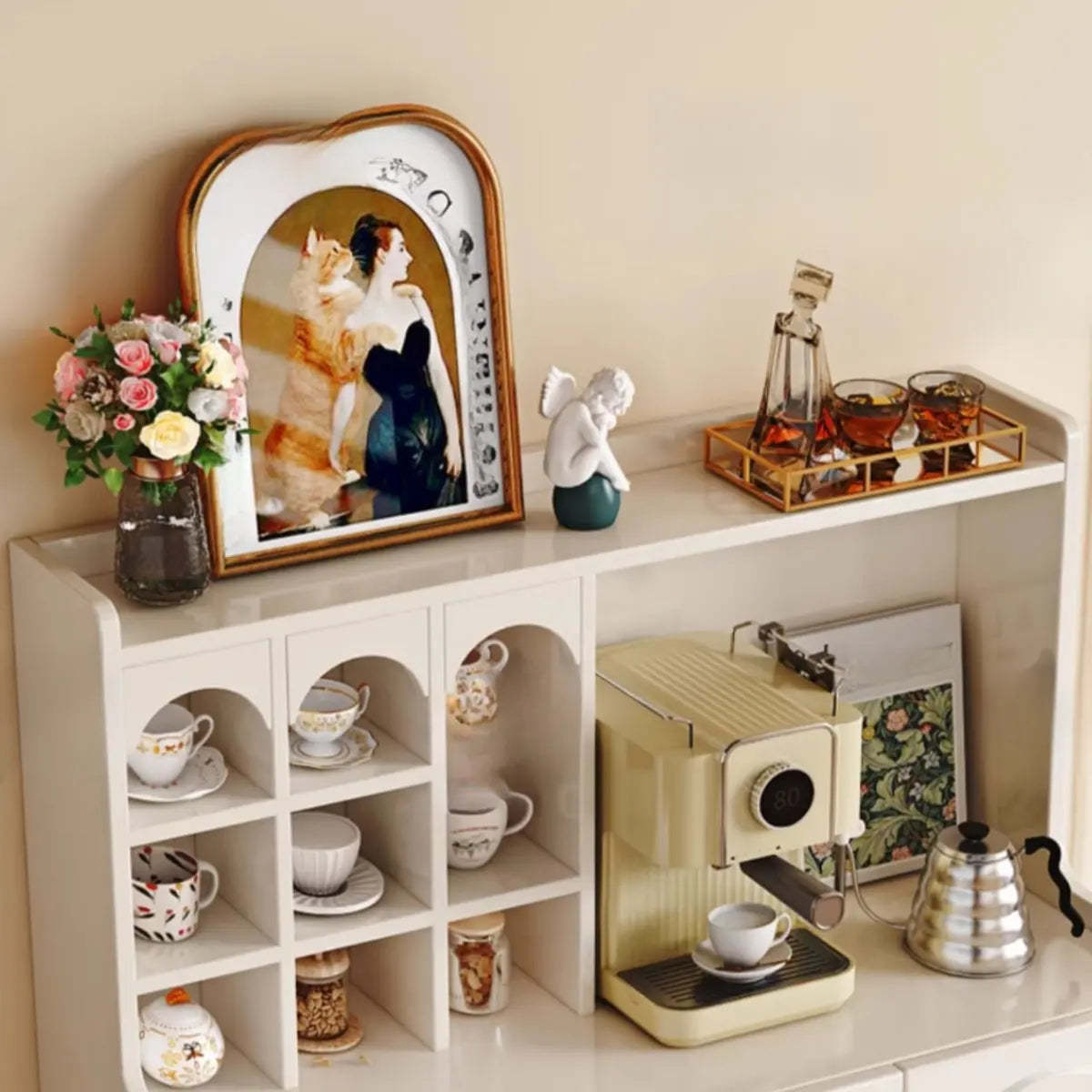 Narrow White Tall Open Sideboard with Shelves