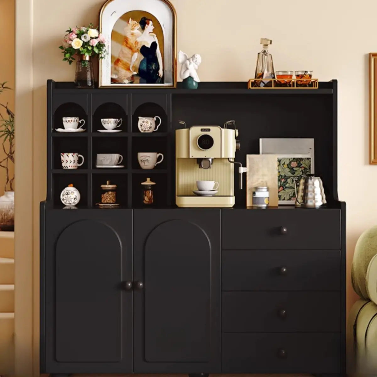 Narrow White Tall Open Sideboard with Shelves