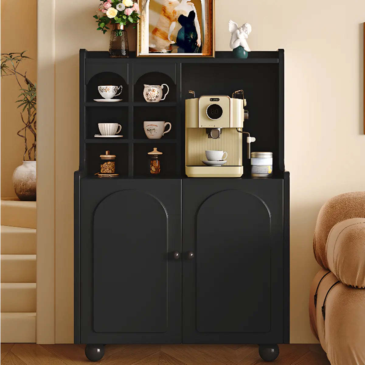 Narrow White Tall Open Sideboard with Shelves — White / Drawer Not Included