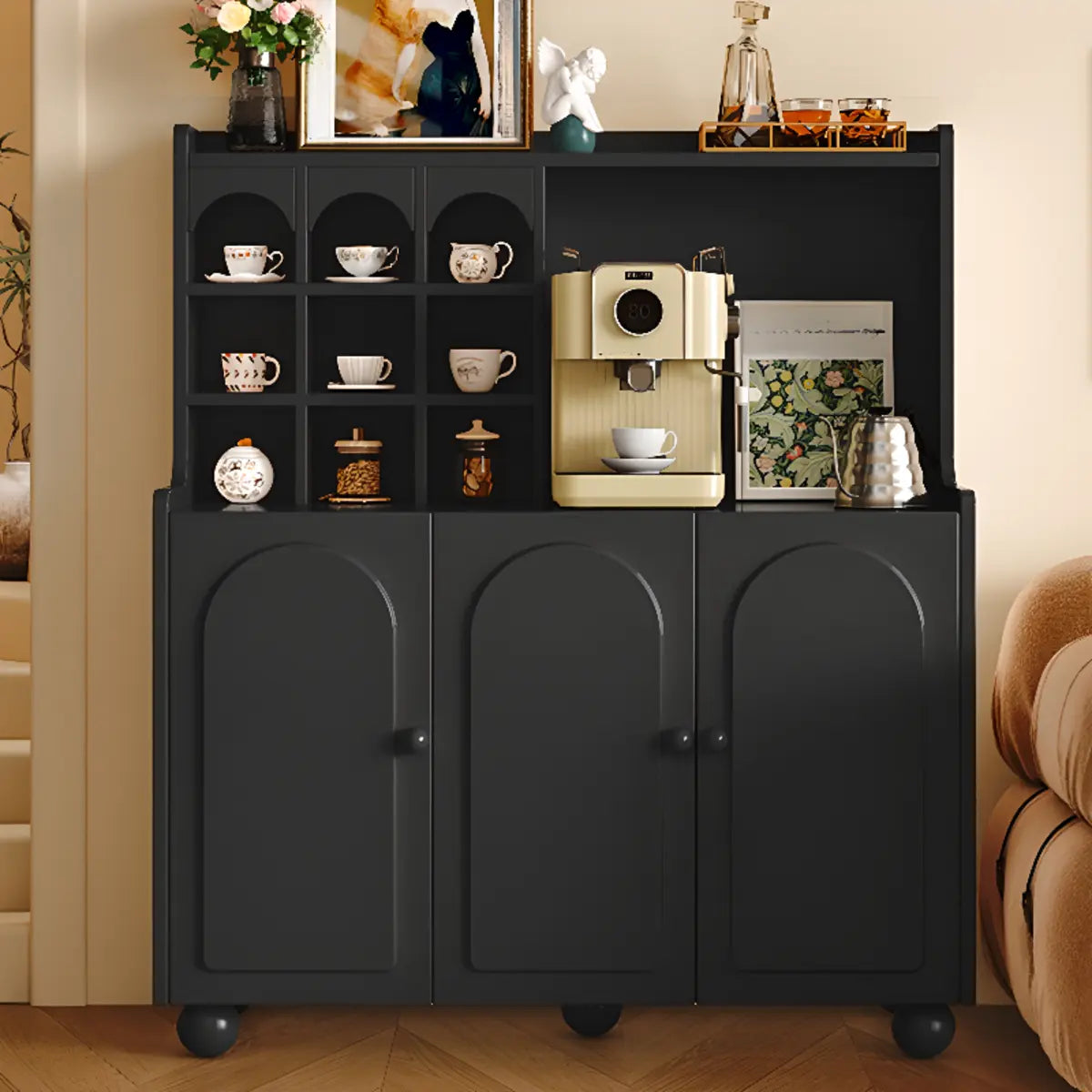 Narrow White Tall Open Sideboard with Shelves — Black / Drawer Not Included