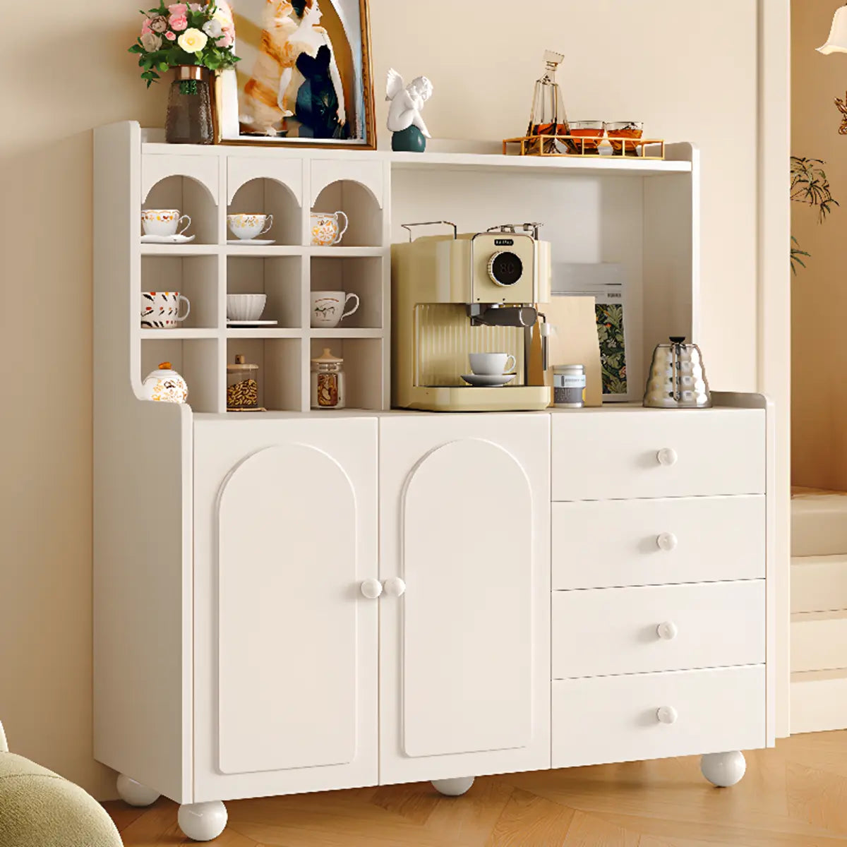 Narrow White Tall Open Sideboard with Shelves — White / Drawer Not Included