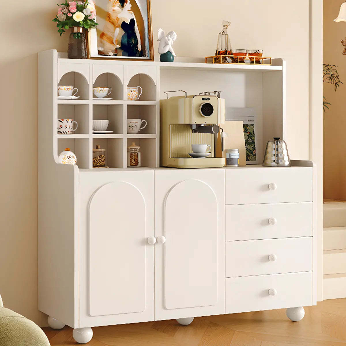 Narrow White Tall Open Sideboard with Shelves — White / Drawer Not Included