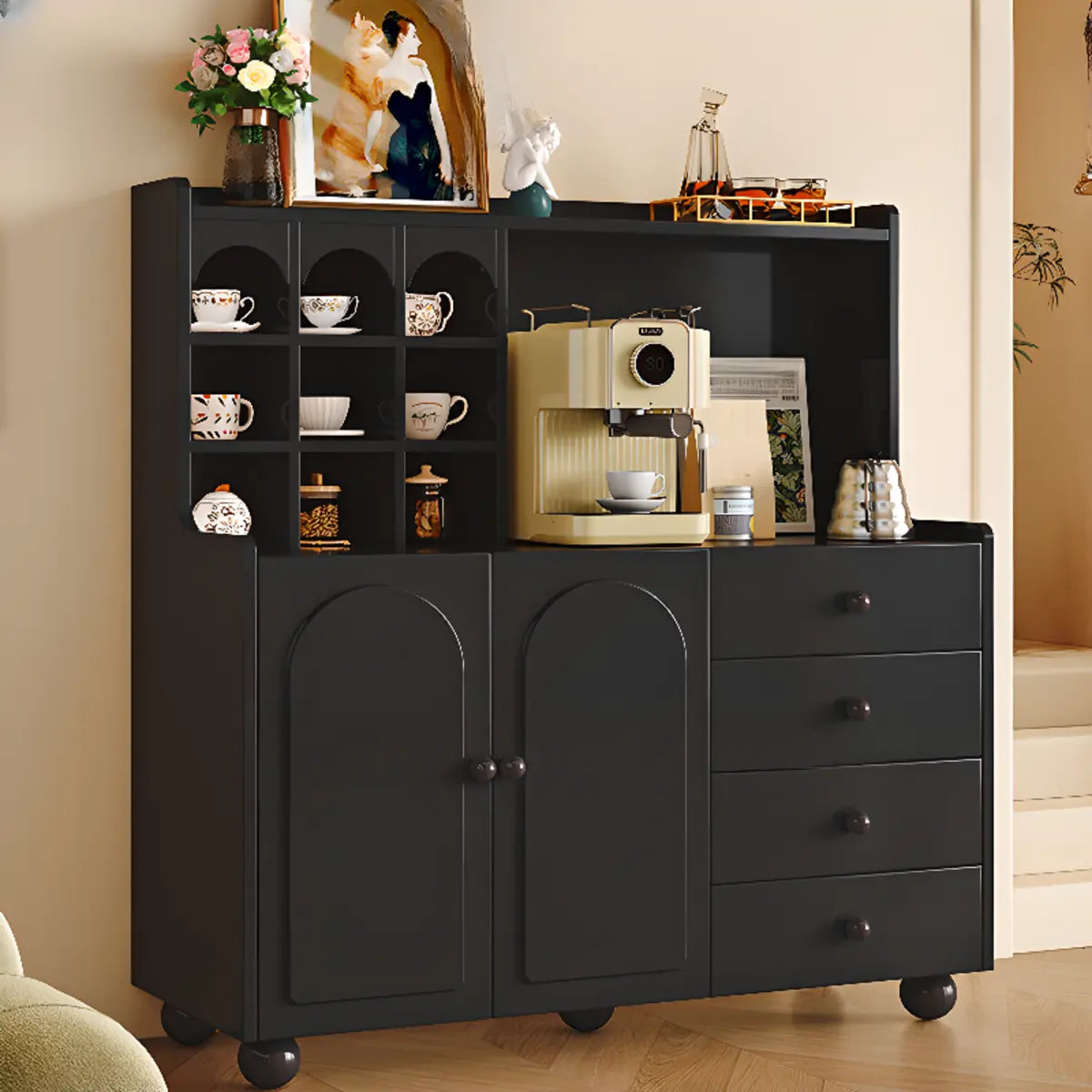 Narrow White Tall Open Sideboard with Shelves — Black / Drawers Included