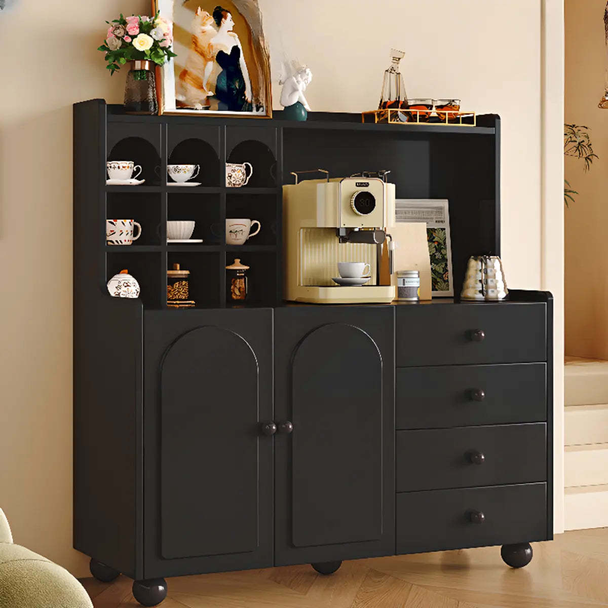 Narrow White Tall Open Sideboard with Shelves — Black / Drawers Included