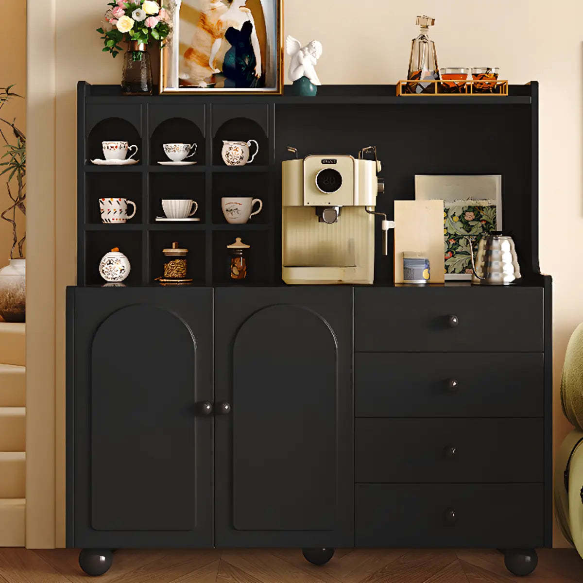 Narrow White Tall Open Sideboard with Shelves — White / Drawers Included