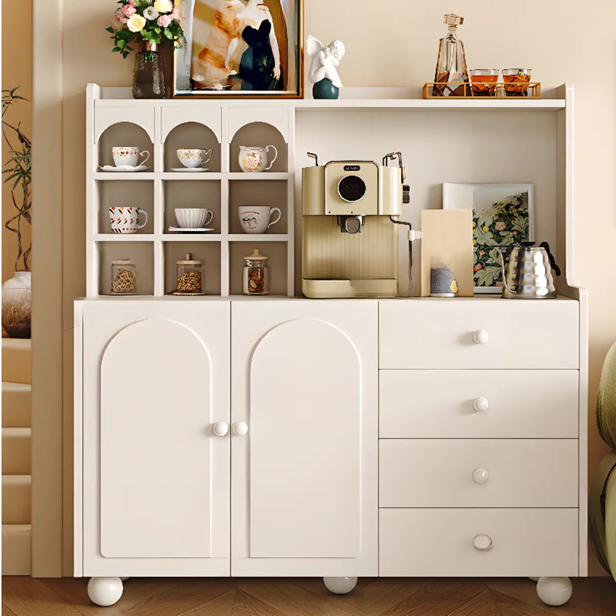 Narrow White Tall Open Sideboard with Shelves — Black / Drawer Not Included