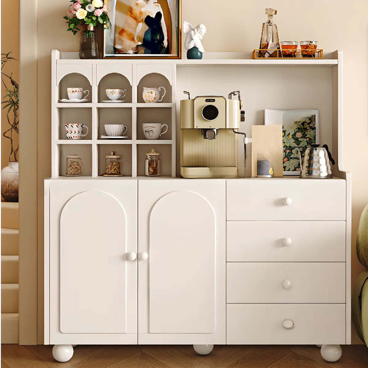 Narrow White Tall Open Sideboard with Shelves — Black / Drawer Not Included