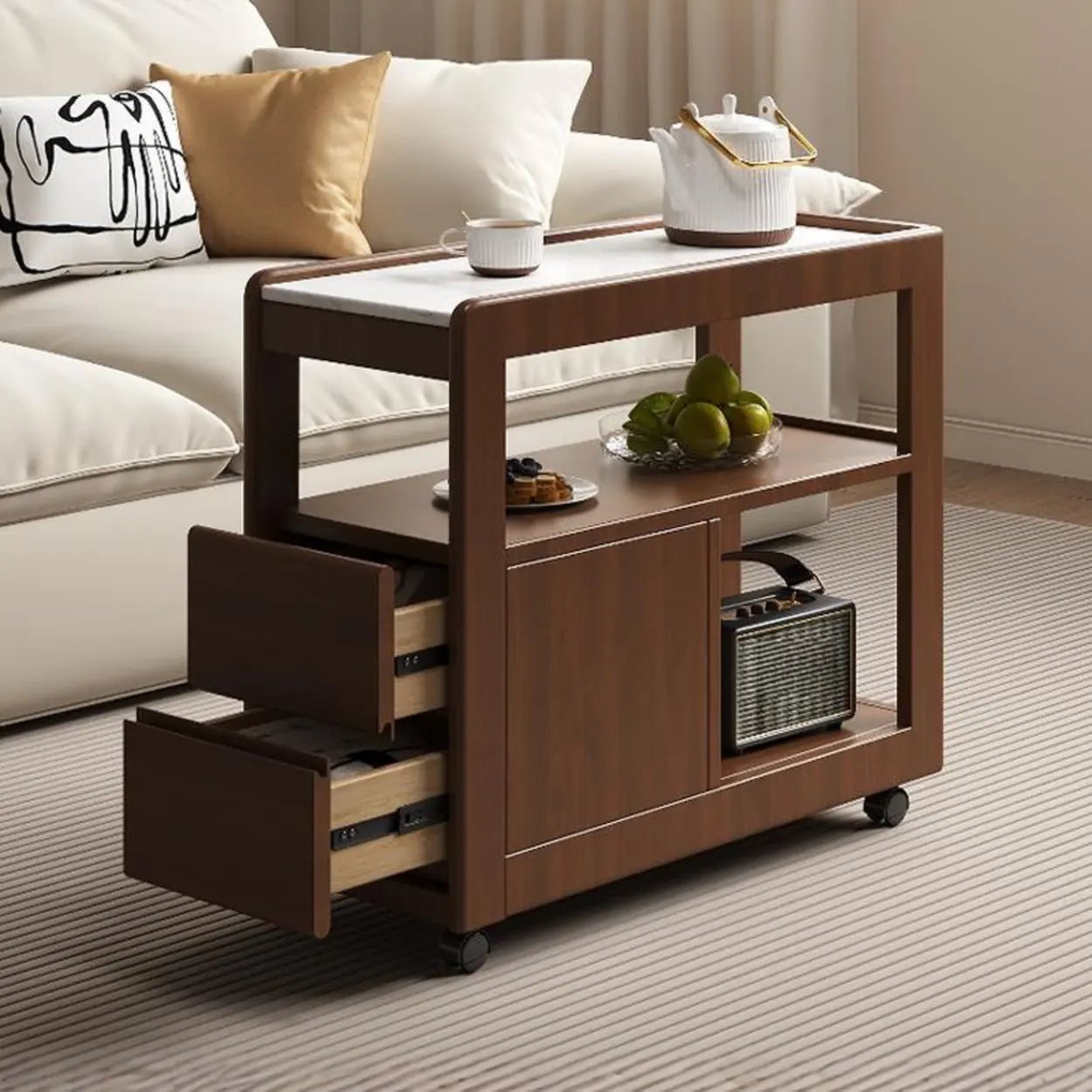 Natural 2-Drawer Stone Rolling Chairside Table