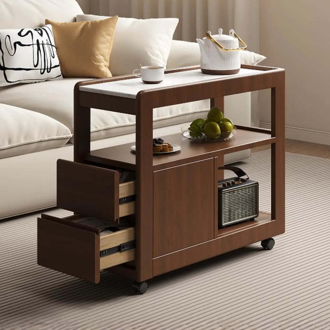 Natural 2-Drawer Stone Rolling Chairside Table — White / White