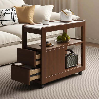 Natural 2-Drawer Stone Rolling Chairside Table — White / White