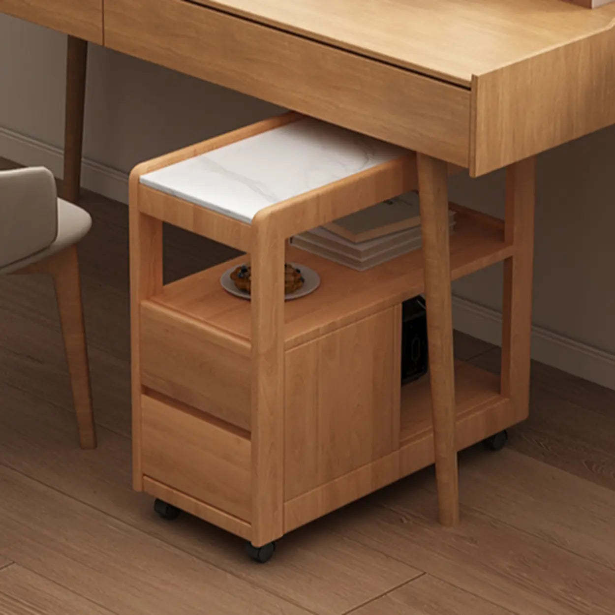 Natural 2-Drawer Stone Rolling Chairside Table