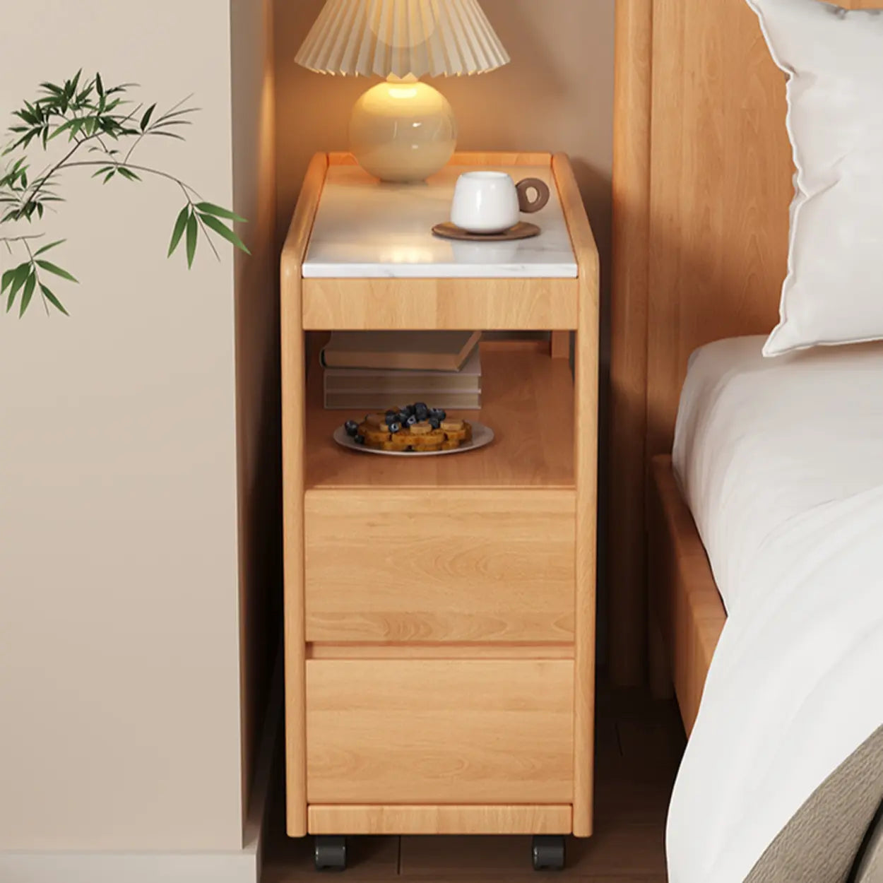 Natural 2-Drawer Stone Rolling Chairside Table