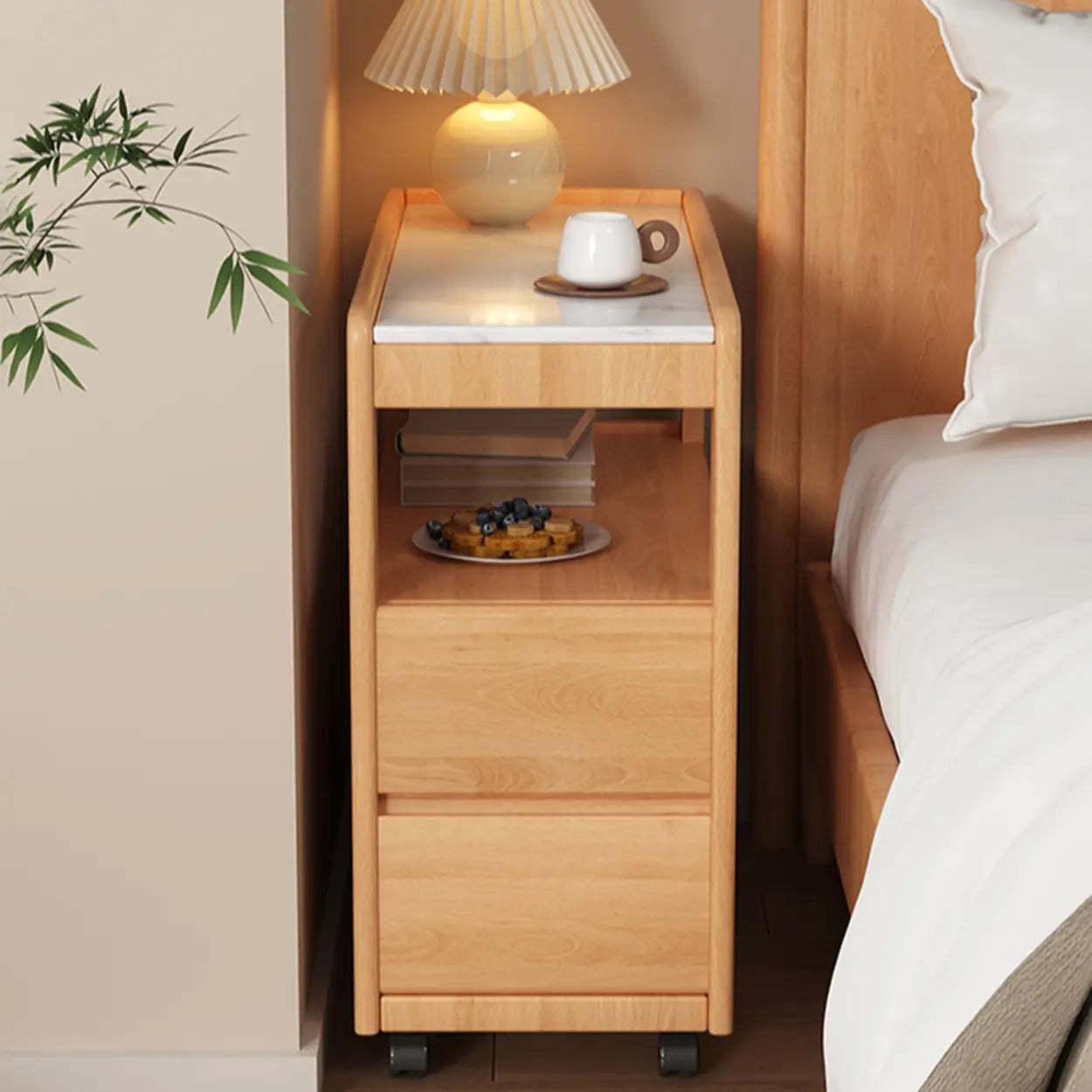 Natural 2-Drawer Stone Rolling Chairside Table