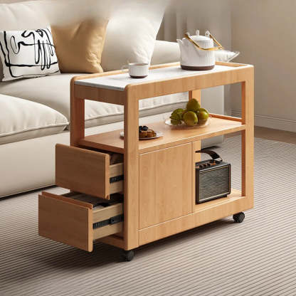 Natural 2-Drawer Stone Rolling Chairside Table — Nut-Brown / White