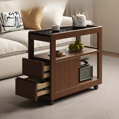 Natural 2-Drawer Stone Rolling Chairside Table — Nut-Brown / Black