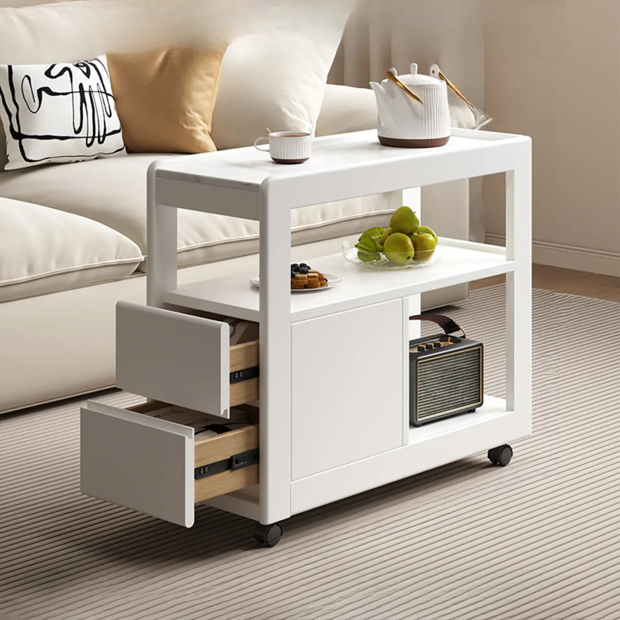 Natural 2-Drawer Stone Rolling Chairside Table
