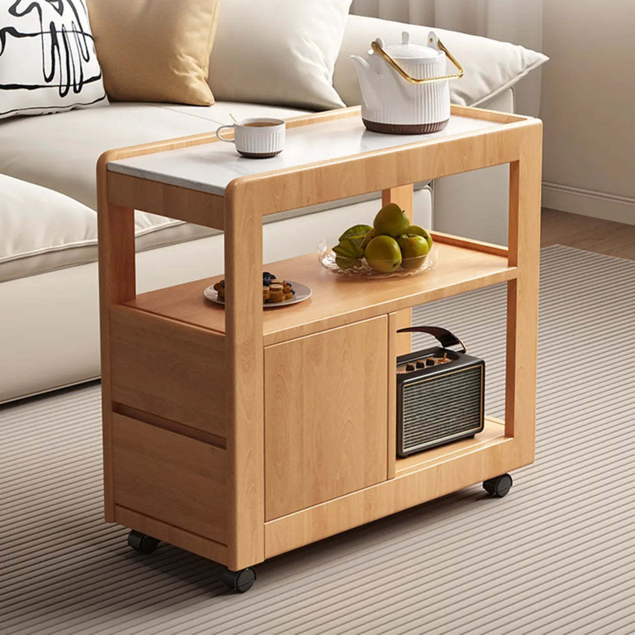 Natural 2-Drawer Stone Rolling Chairside Table