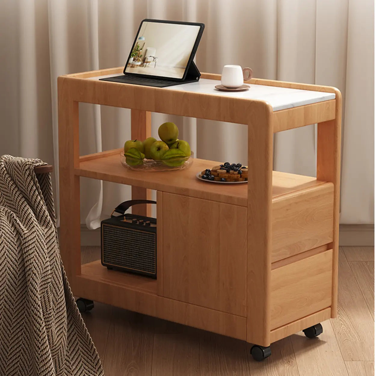 Natural 2-Drawer Stone Rolling Chairside Table