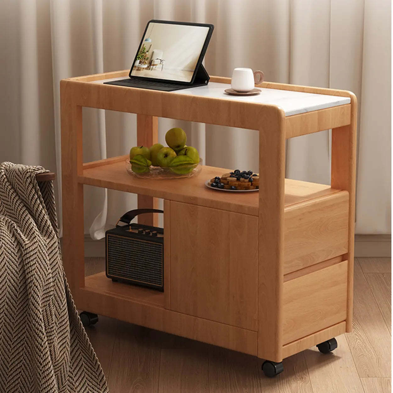 Natural 2-Drawer Stone Rolling Chairside Table