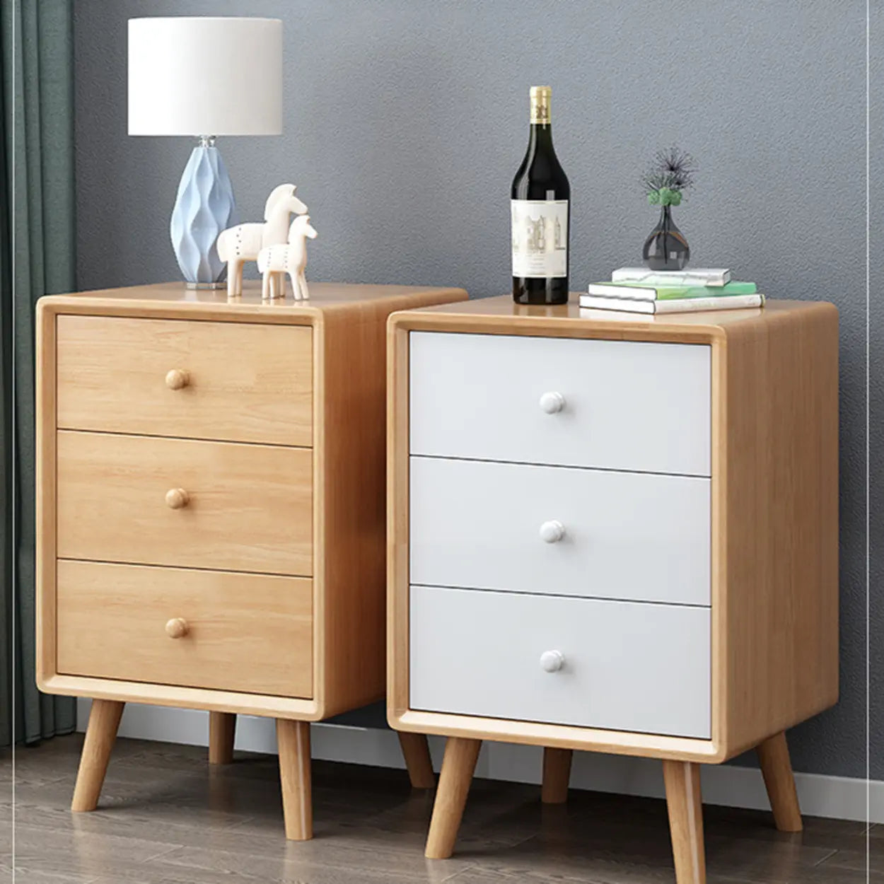 Natural 3-Drawer Square Rubberwood Nightstand