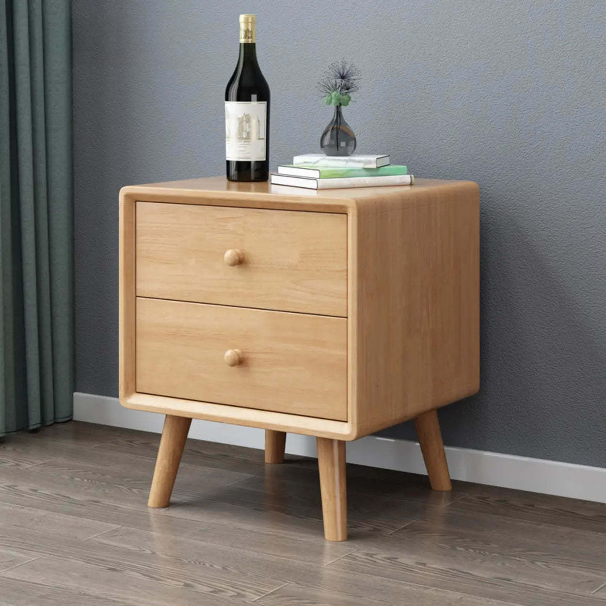 Natural 3-Drawer Square Rubberwood Nightstand — Wood/ White