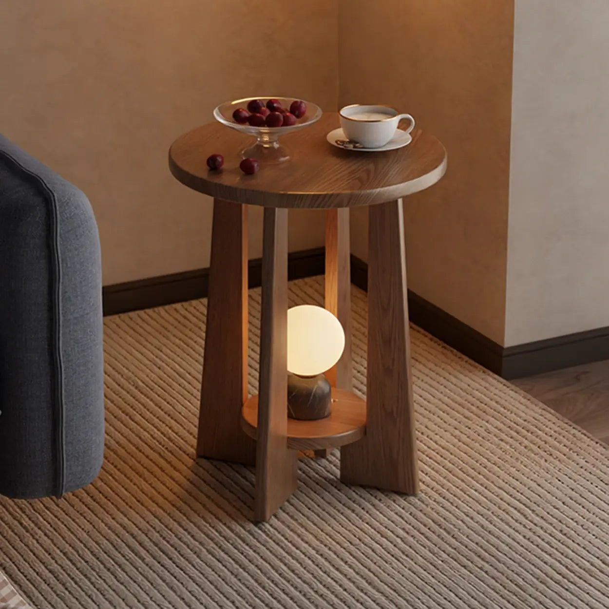 Natural Round Wood Chairside Table with Lamp and Shelf