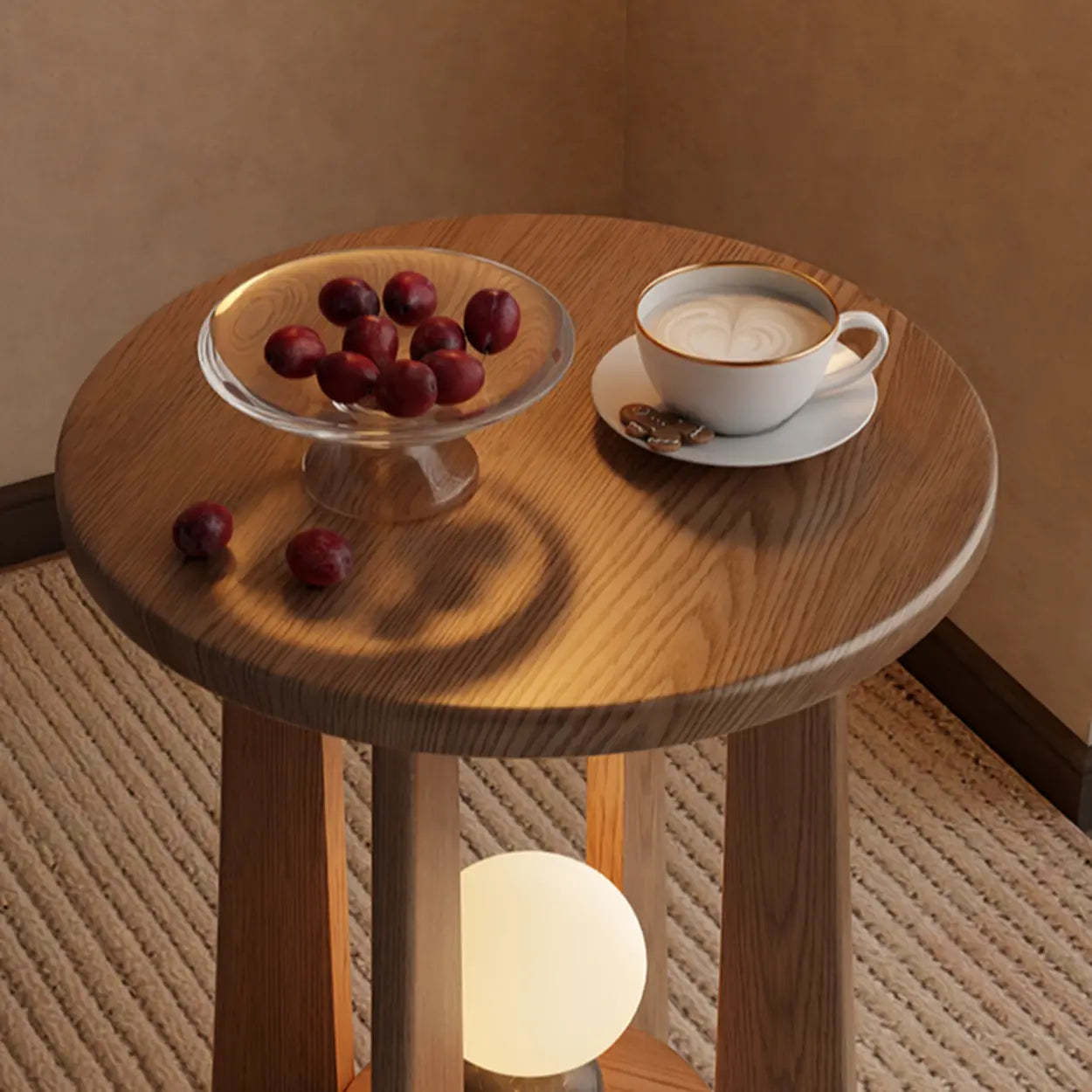 Natural Round Wood Chairside Table with Lamp and Shelf