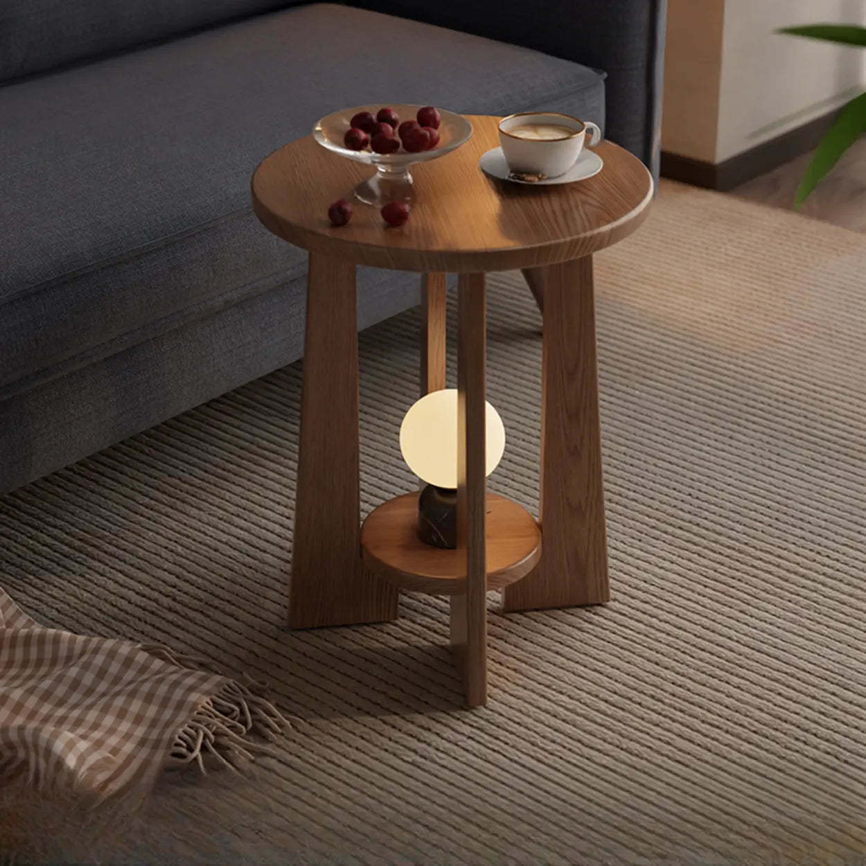 Natural Round Wood Chairside Table with Lamp and Shelf — Natural