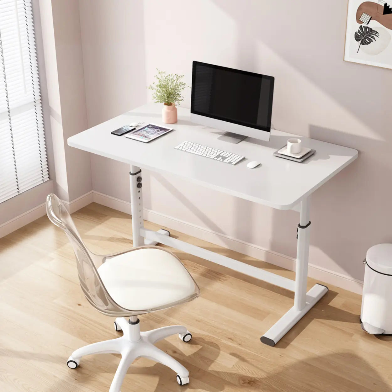 Natural Wood Adjustable Rectangle Computer Desk — Black / Table Only