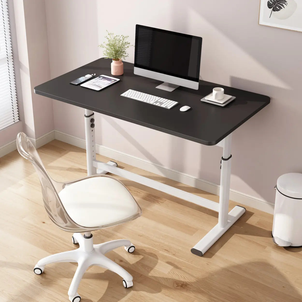 Natural Wood Adjustable Rectangle Computer Desk — Black / Table Only
