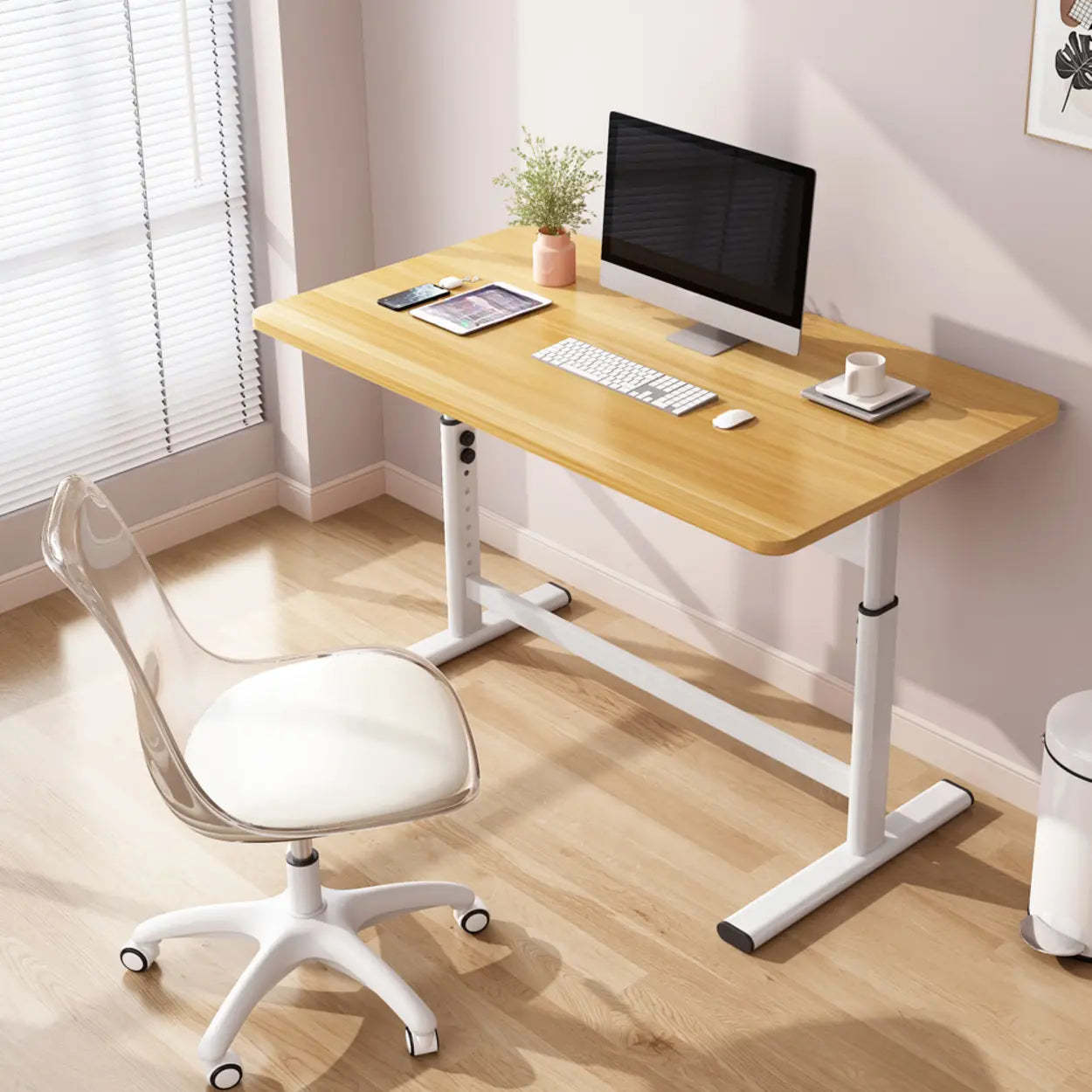 Natural Wood Adjustable Rectangle Computer Desk — Black / Table Only