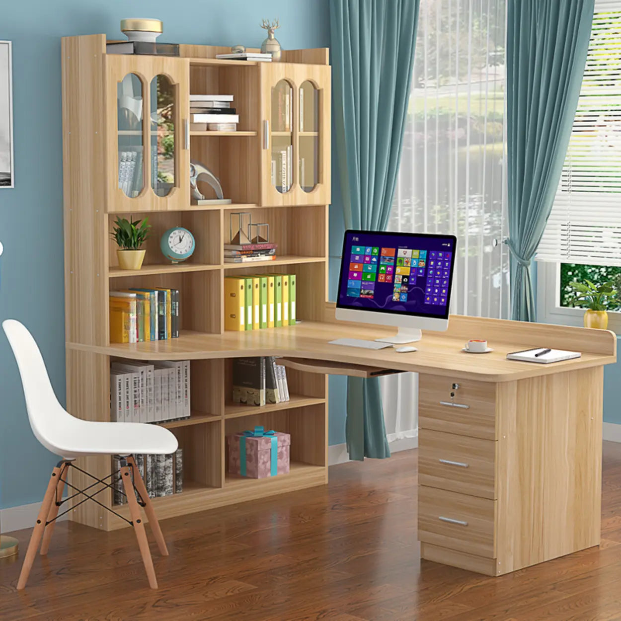 Natural L-Shaped Wood Credenza Desk with Storage