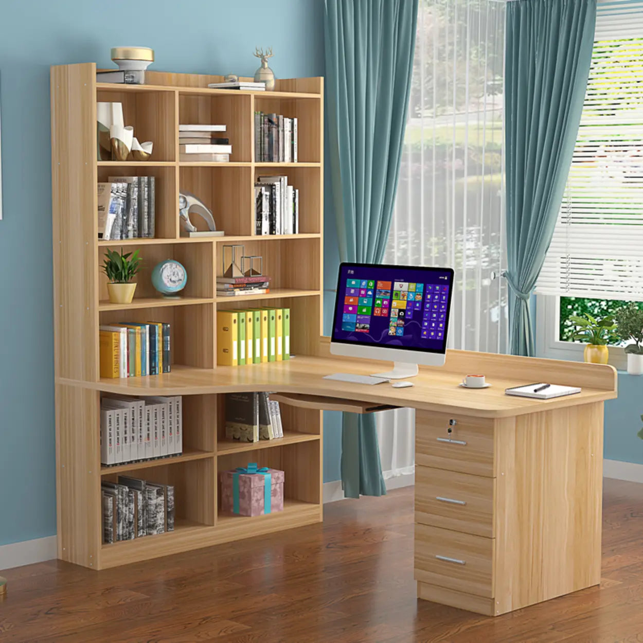 Natural L-Shaped Wood Credenza Desk with Storage — Table Only