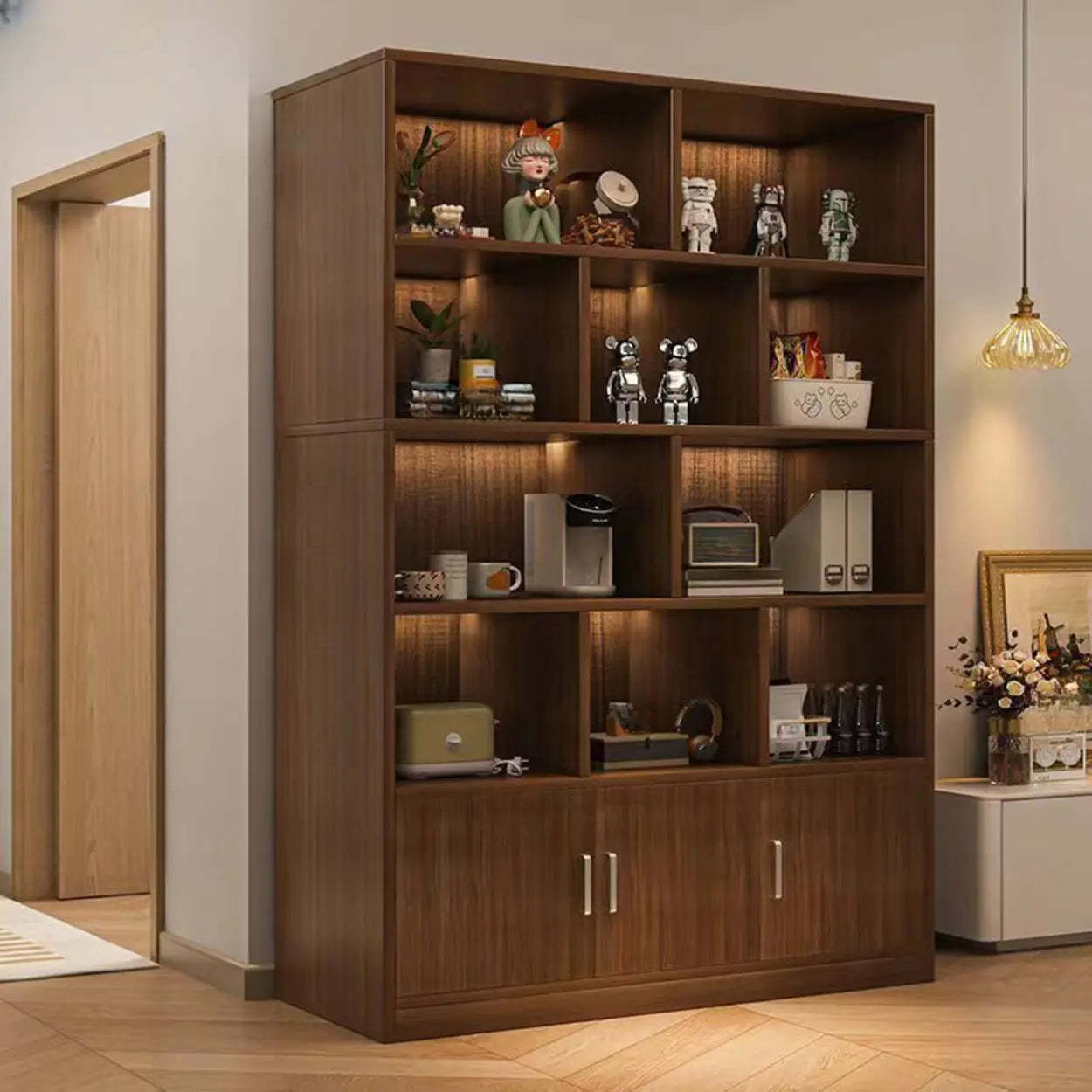 Natural Modern Wood Parlor Display Cabinet — Black Oak