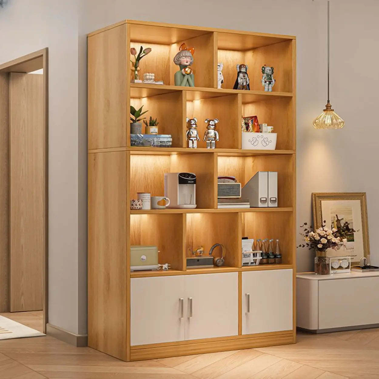 Natural Modern Wood Parlor Display Cabinet — White
