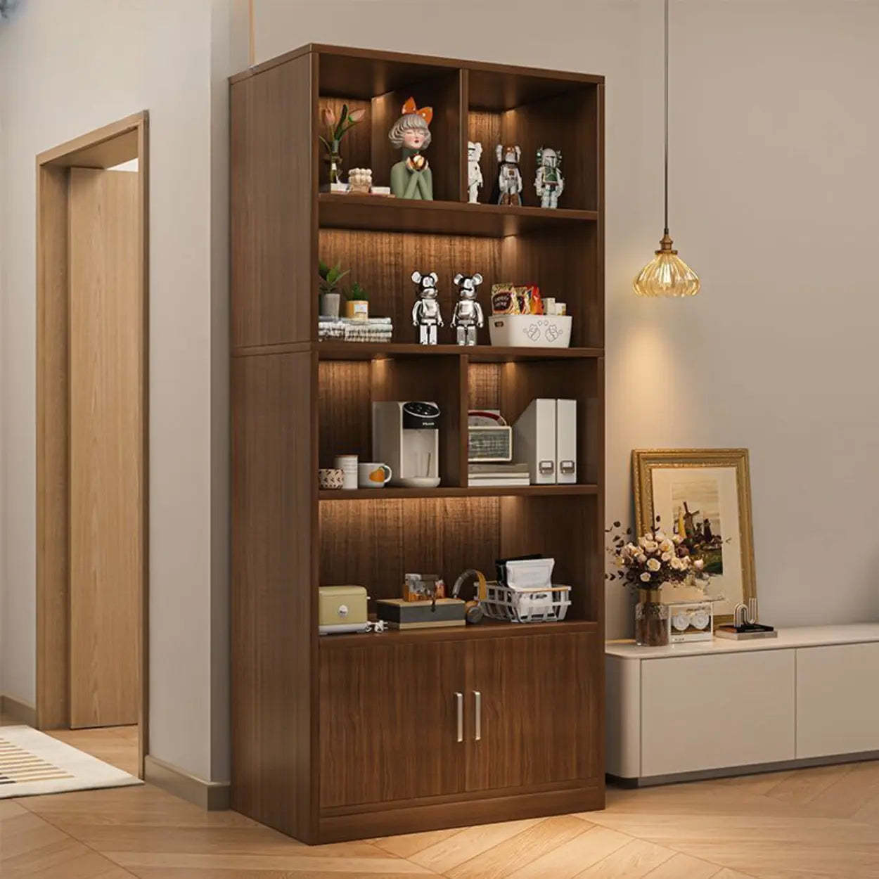 Lighom display storage wood wine cabinets for dining room — 23.6" L x 9.4" W x 70.9" H / Black Oak