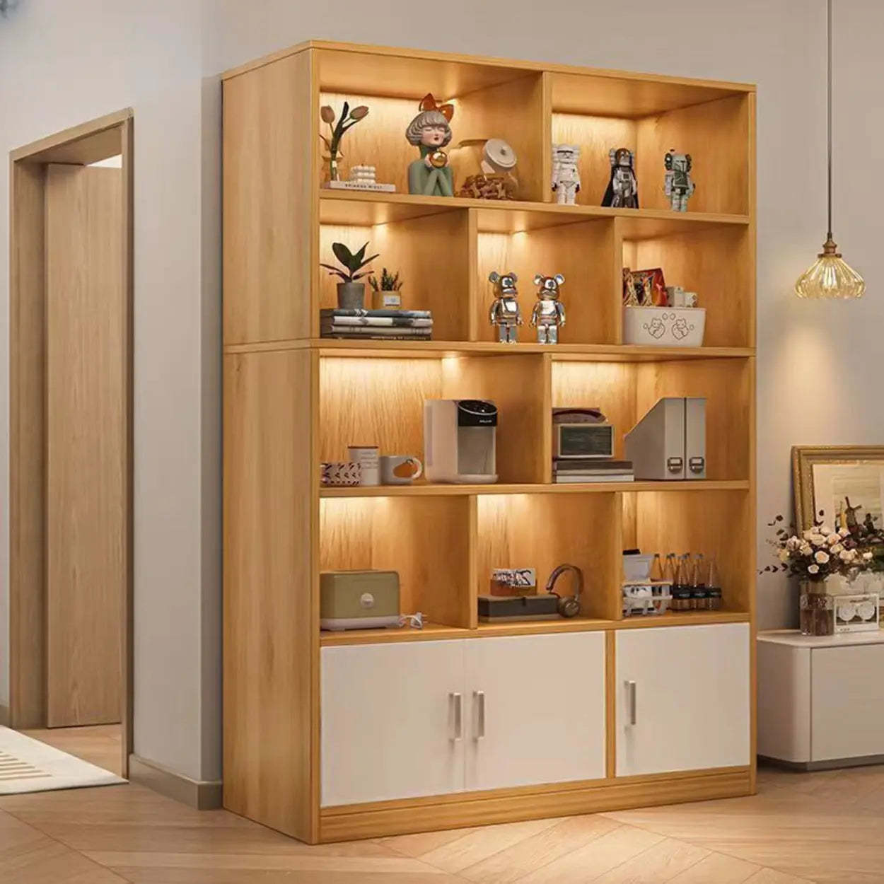 Natural Modern Wood Parlor Display Cabinet — Natural Finish