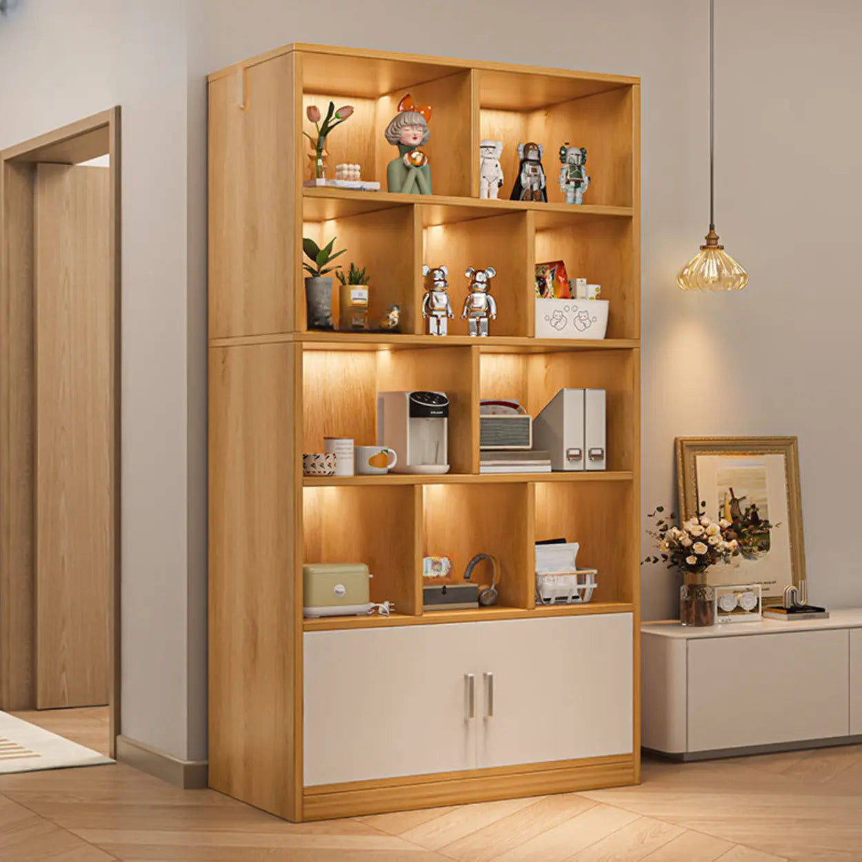 Natural Modern Wood Parlor Display Cabinet — White
