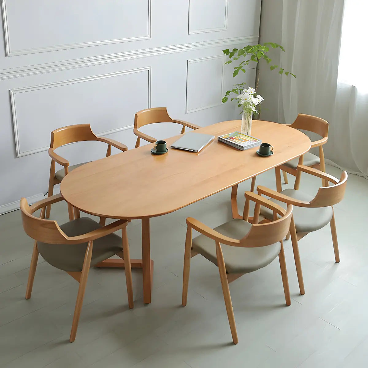 Natural Oval Pine Sled Conference Table for 6
