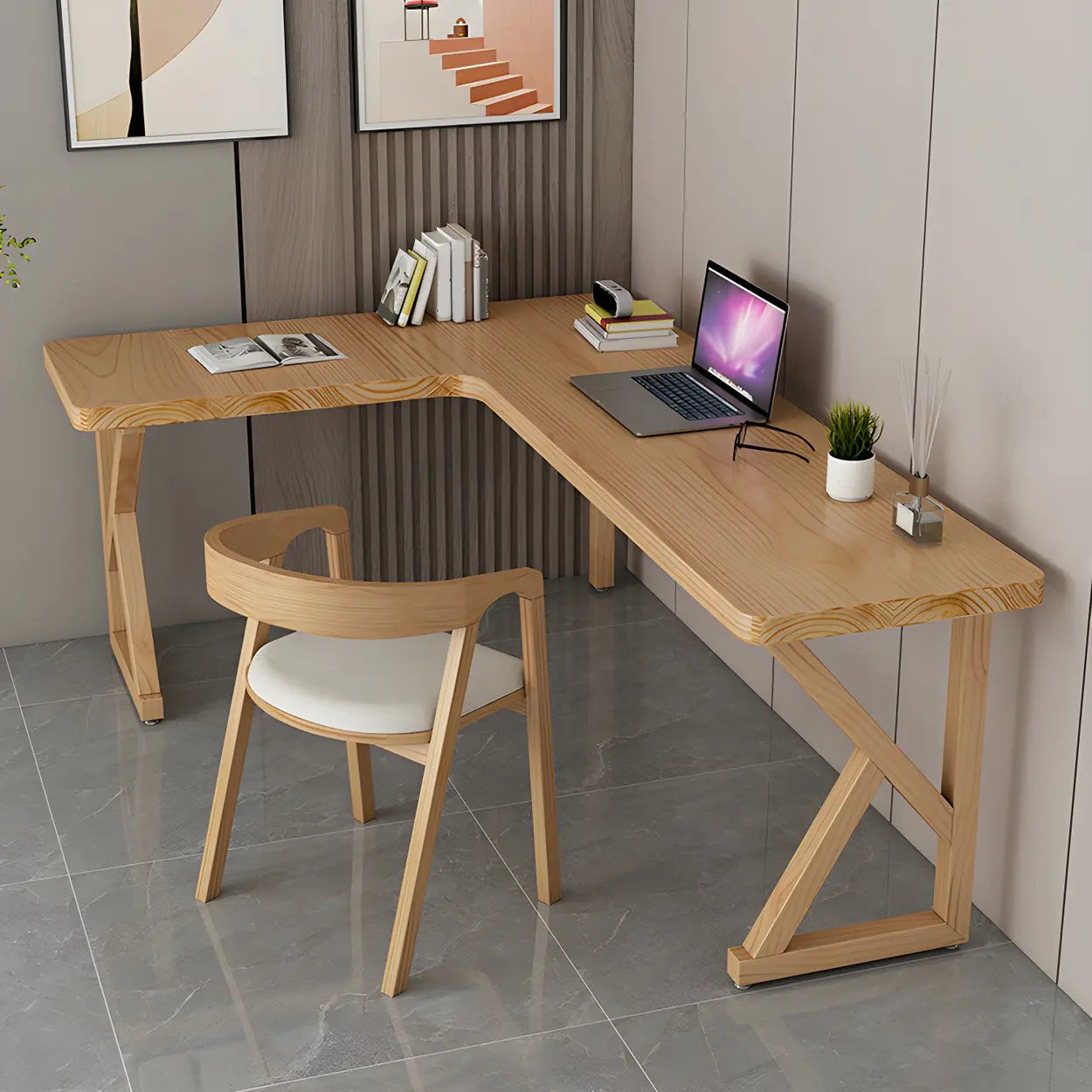Natural Pine Light Wood L-Shape Writing Desk
