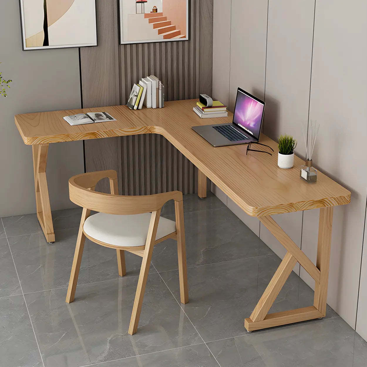 Natural Pine Light Wood L-Shape Writing Desk — Left Hand Return / Table Only